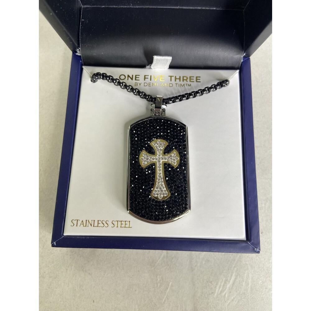 Faith Jewelry Mens Stainless Steel Two Tone Crystal Cross Tag Pendant Necklace - Picture 1 of 10